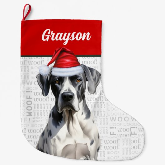 Kerst Grote Deen Hond met Naam Woof Achtergrond Grote Kerstsok (Voorkant)
