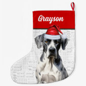 Kerst Grote Deen Hond met Naam Woof Achtergrond Kerstsok (Achterkant)