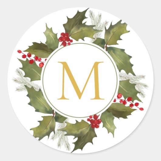 Kerst Grote Monogram Holly Krans Ronde Sticker (Voorkant)