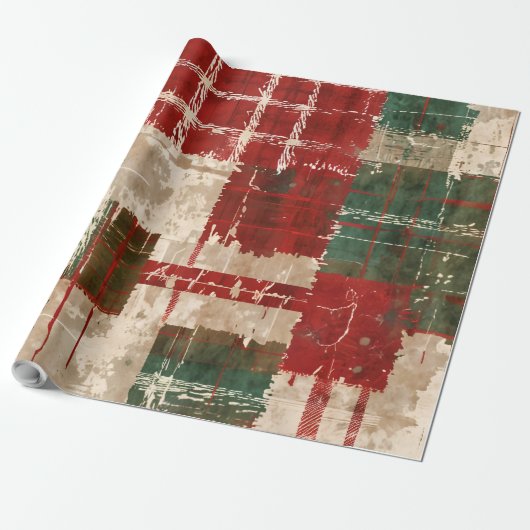 Kerst Grunge Plaid Cadeaupapier (Uitgerold)