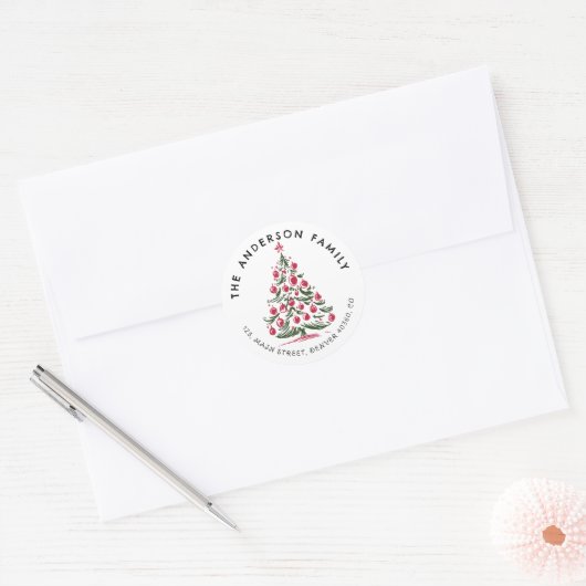 Kerst hand getekend Pine tree adreslabel Ronde Sticker (Envelop)