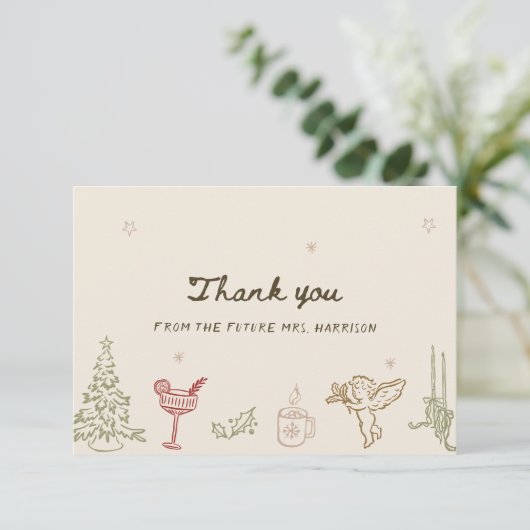 Kerst Hand Getekende Bruidsdouche Bedankkaart (Staand voorkant)