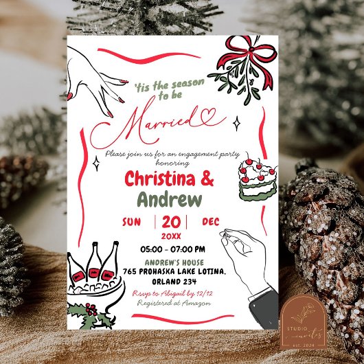 Kerst Handgetekend Getrouwd Verlovingsfeest Kaart