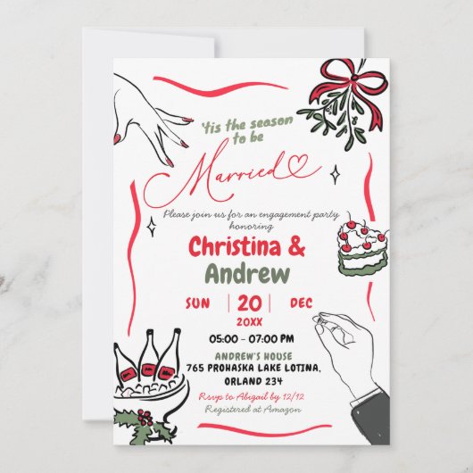 Kerst Handgetekend Huwelijk Verlovingsfeest Kaart (Voorkant)