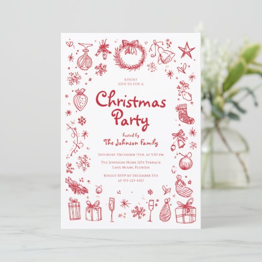 Kerst Handgetekende Feest Uitnodiging (Staand voorkant)