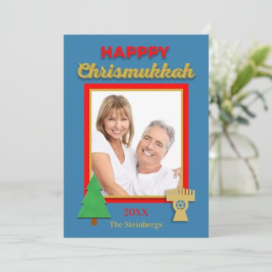 Kerst-Hanukkah-boom en Menorah Foto Plat Kaart (Staand voorkant)