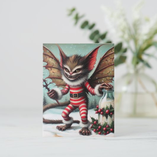 Kerst harig monster met melkfles briefkaart (Staand voorkant)