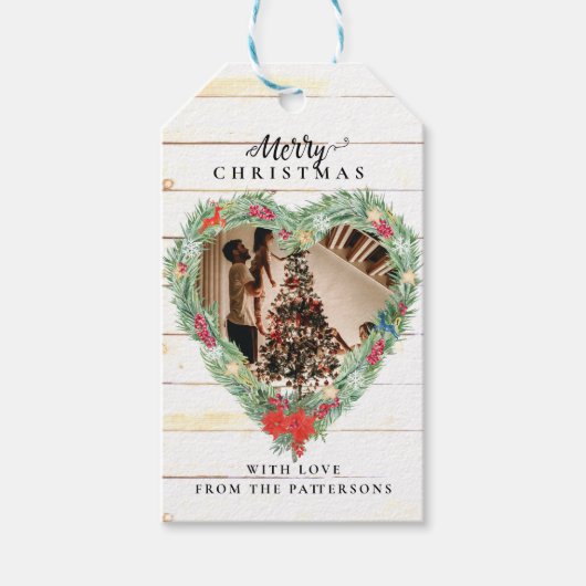 Kerst Hart Foto Rustiek Hout Gift Label Cadeaulabel (Voorkant)