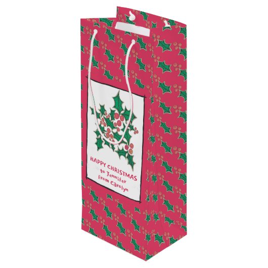 Kerst heilig en bessen tekenen, uw woorden wijn cadeautas (Achterkant Gekanteld)