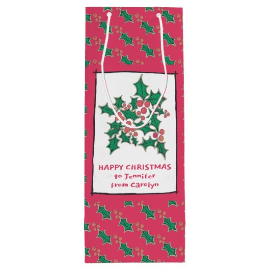 Kerst heilig en bessen tekenen, uw woorden wijn cadeautas (Achterkant)