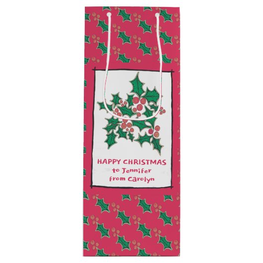 Kerst heilig en bessen tekenen, uw woorden wijn cadeautas (Voorkant)