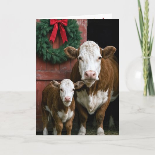 Kerst Hereford Koe en Kalf Kaart (Voorkant)