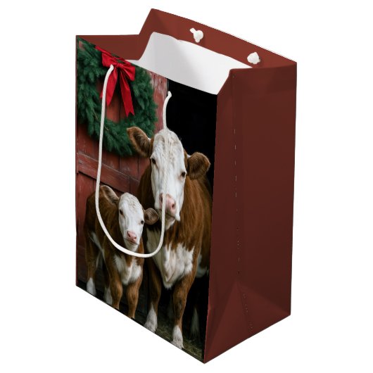 Kerst Hereford Koe en Kalf Medium Cadeauzakje (Voorkant Gekanteld)
