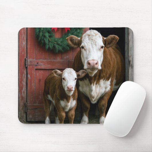 Kerst Hereford Koe en Kalf Muismat (Met muis)