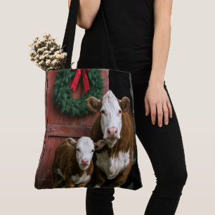 Kerst Hereford Koe en Kalf Tote Bag