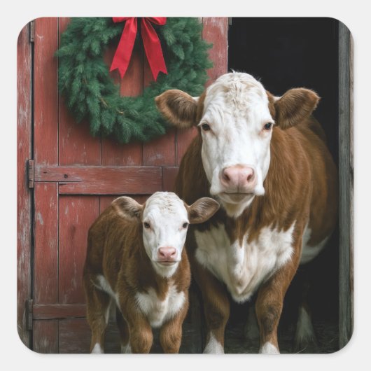 Kerst Hereford Koe en Kalf Vierkante Sticker (Voorkant)