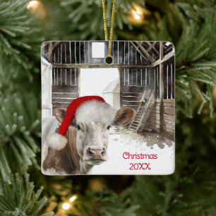 Kerst Hereford Koe in de schuur Keramisch Ornament