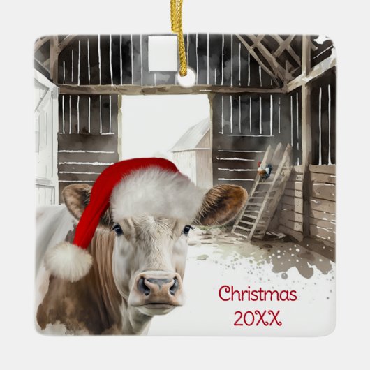 Kerst Hereford Koe in de schuur Keramisch Ornament (Voorkant)