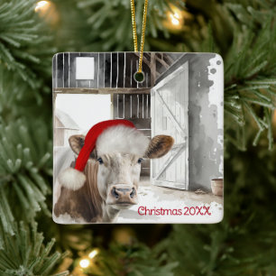 Kerst Hereford Koe in de schuur Keramisch Ornament