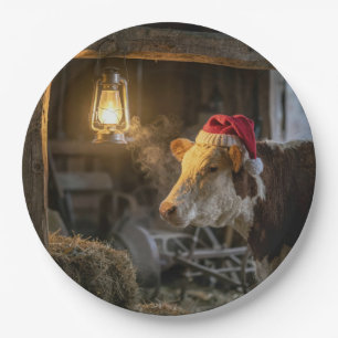 Kerst Hereford-koe in een schuur Papieren Bordje