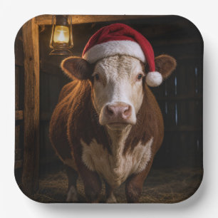 Kerst Hereford Koe in Schuur Papieren Bordje