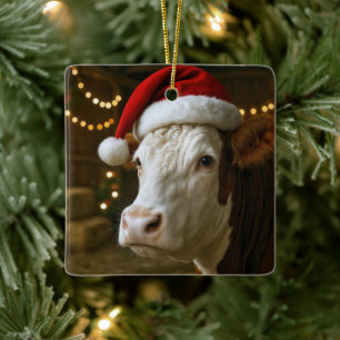 Kerst Hereford Koe met een Kerstman Hoed Keramisch Ornament