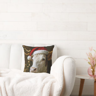 Kerst Hereford Koe met een Kerstman Hoed Kussen
