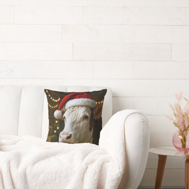 Kerst Hereford Koe met een Kerstman Hoed Kussen (Bank)