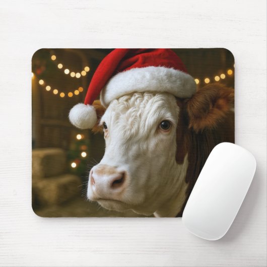 Kerst Hereford Koe met een Kerstman Hoed Muismat (Met muis)