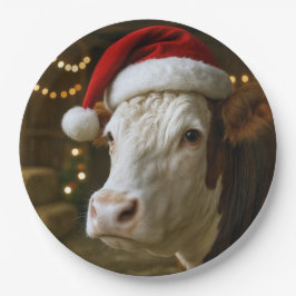 Kerst Hereford Koe met een Kerstman Hoed Papieren Bordje