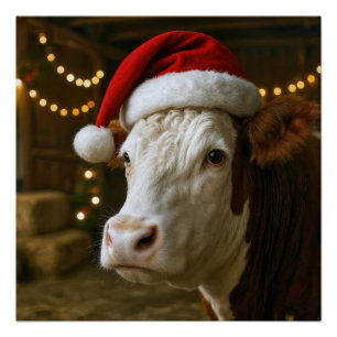 Kerst Hereford Koe met een Kerstman Hoed Perfect Poster