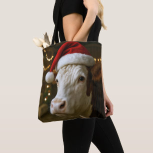 Kerst Hereford-koe met een kerstmuts Tote Bag