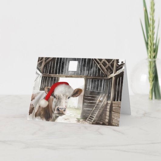 Kerst Hereford Koe met Santa Hat Feestdagen Kaart (Voorkant)