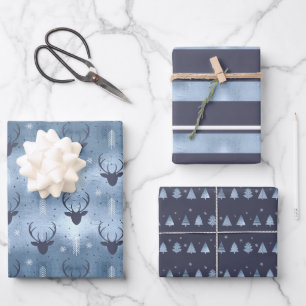 Kerst Herten Antler, Strepen, Bomen Blauw ID864 Inpakpapier Vel