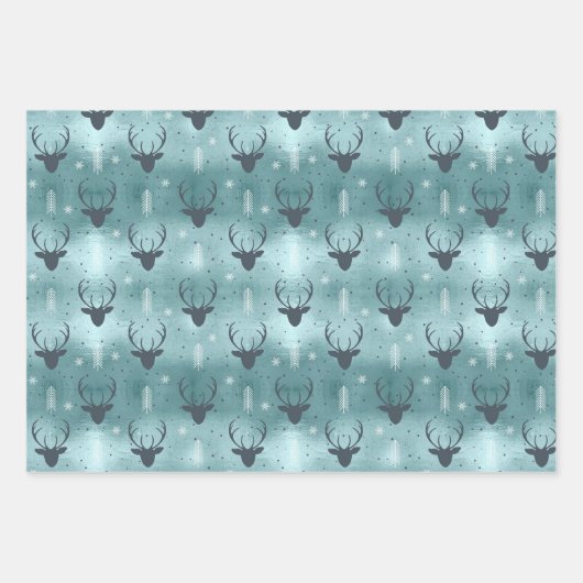 Kerst Herten Antler, Strepen, Bomen Blauwgroen ID8 Inpakpapier Vel (Voorkant)