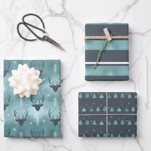 Kerst Herten Antler, Strepen, Bomen Blauwgroen ID8 Inpakpapier Vel (Voorkant)