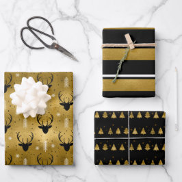 Kerst Herten Antler, Strepen, Bomen Goud ID864 Inpakpapier Vel