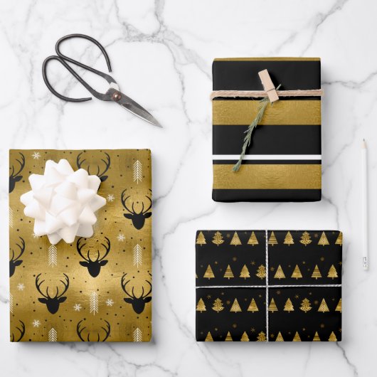 Kerst Herten Antler, Strepen, Bomen Goud ID864 Inpakpapier Vel (Voorkant)