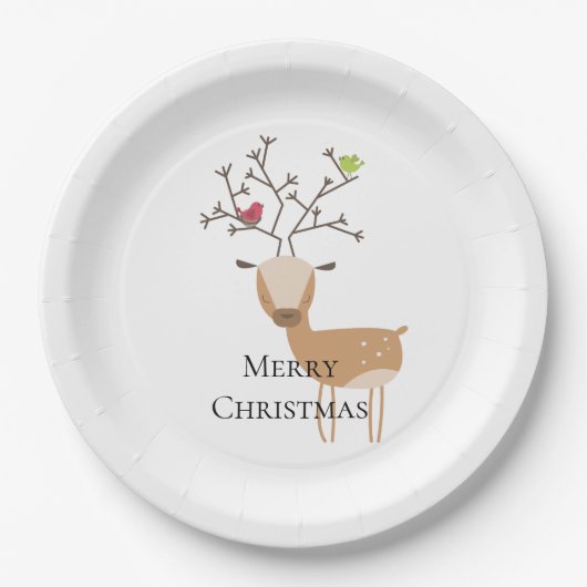 Kerst herten met vogels papieren bordje (Voorkant)