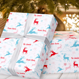 Kerst Herten Nordic Simple Blue Red Custom Name Cadeaupapier