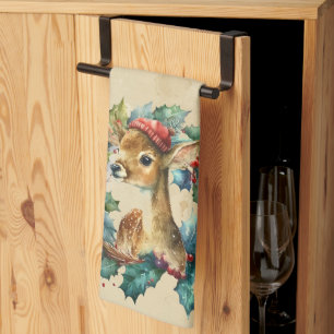 Kerst Herten Winter Waterverf Fun Animal Theedoek