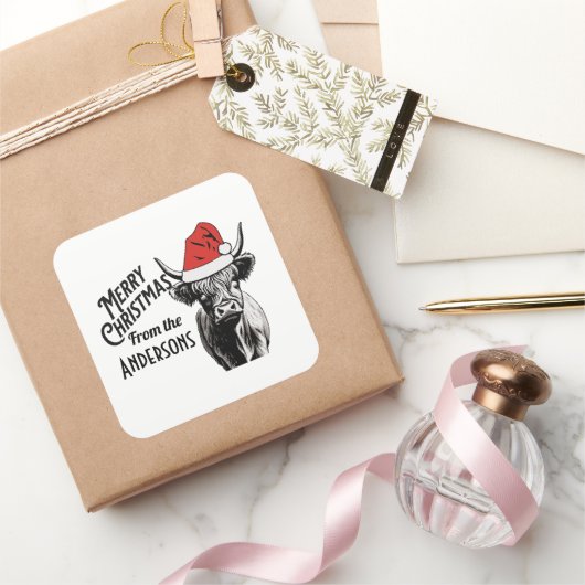 Kerst Highland Koe met Santa Hat Vierkante Sticker (Geschenken)