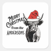 Kerst Highland Koe met Santa Hat Vierkante Sticker (Voorkant)