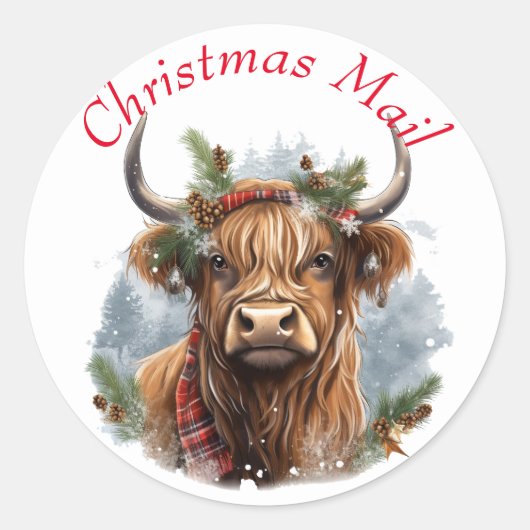 Kerst Highlander Koe Schattige Ronde Sticker (Voorkant)