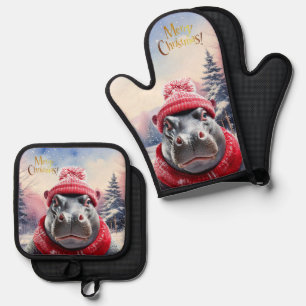 Kerst Hippo Kerstmuts en sjaal Ovenwant & Pannenlap Set