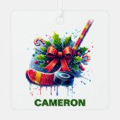 Kerst Hockey Liefhebber Custom Name Metalen Ornament (Achterkant)