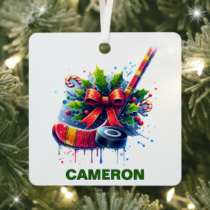 Kerst Hockey Liefhebber Custom Name Metalen Ornament