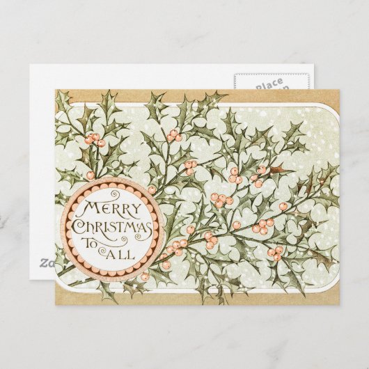 Kerst Holly  Antiek Groet Briefkaart (Voorkant / Achterkant)