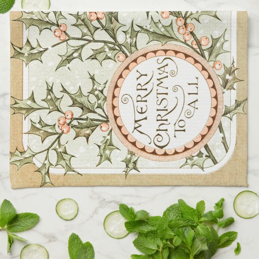 Kerst Holly Antiek Groet Theedoek (Gevouwen)