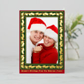 Kerst Holly & Berries Border Foto Folie Feestdagenkaart (Staand Voorkant)